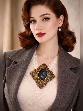 Vintage obsidian Carved‎ cameo brooch/ pendant